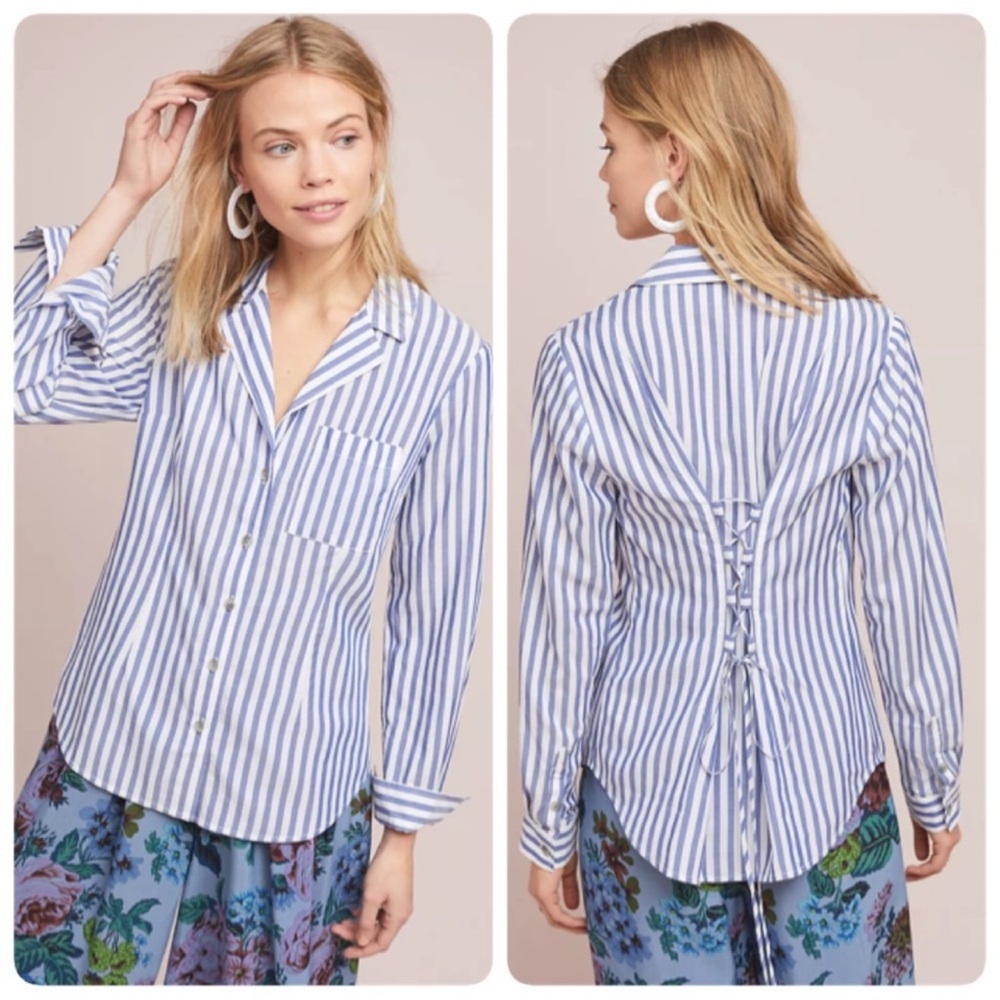 Anthropologie Blue and White Striped Corset Back Buttondown Top